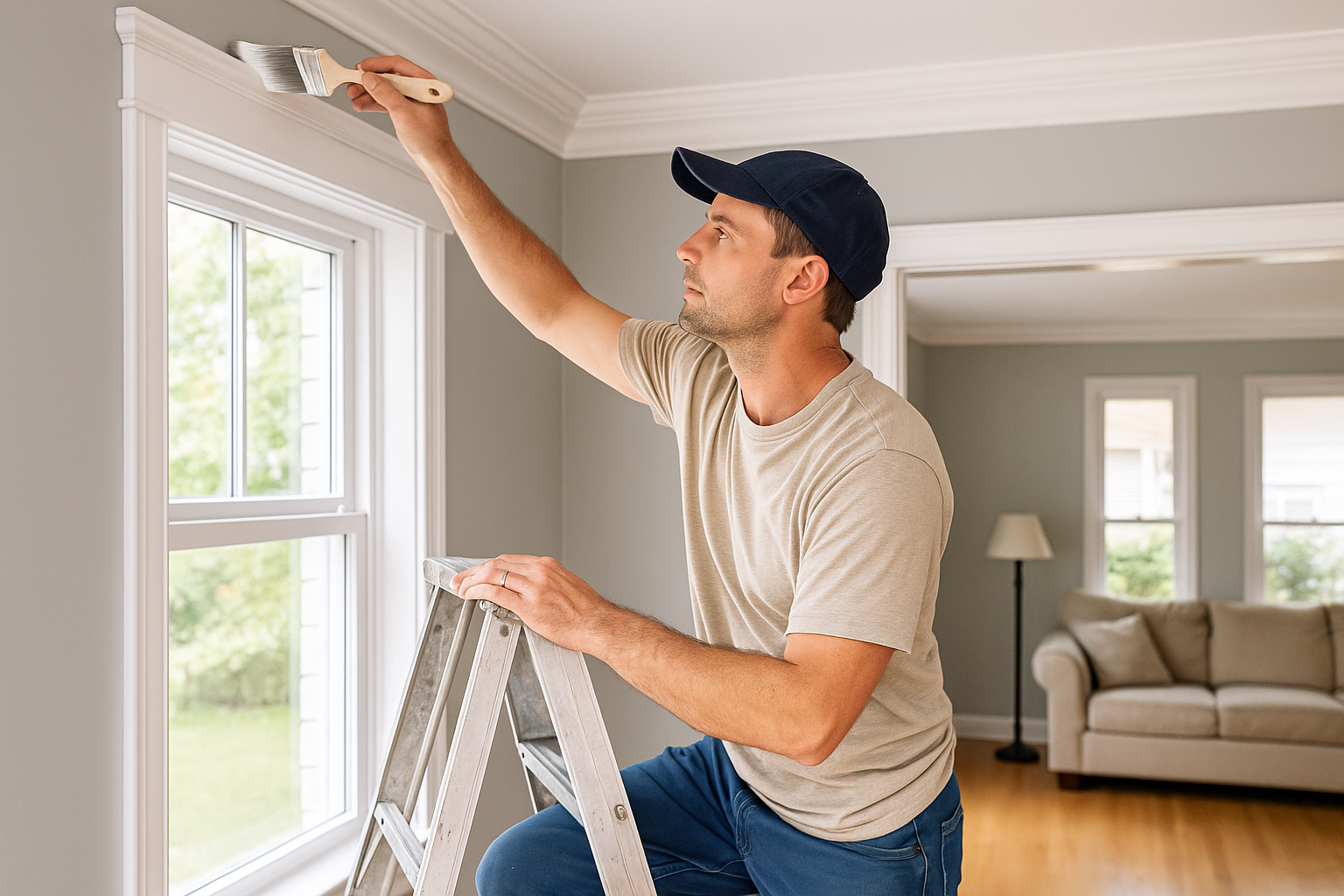 Property preparation professional completing interior trim work for a Hampden, Maine home