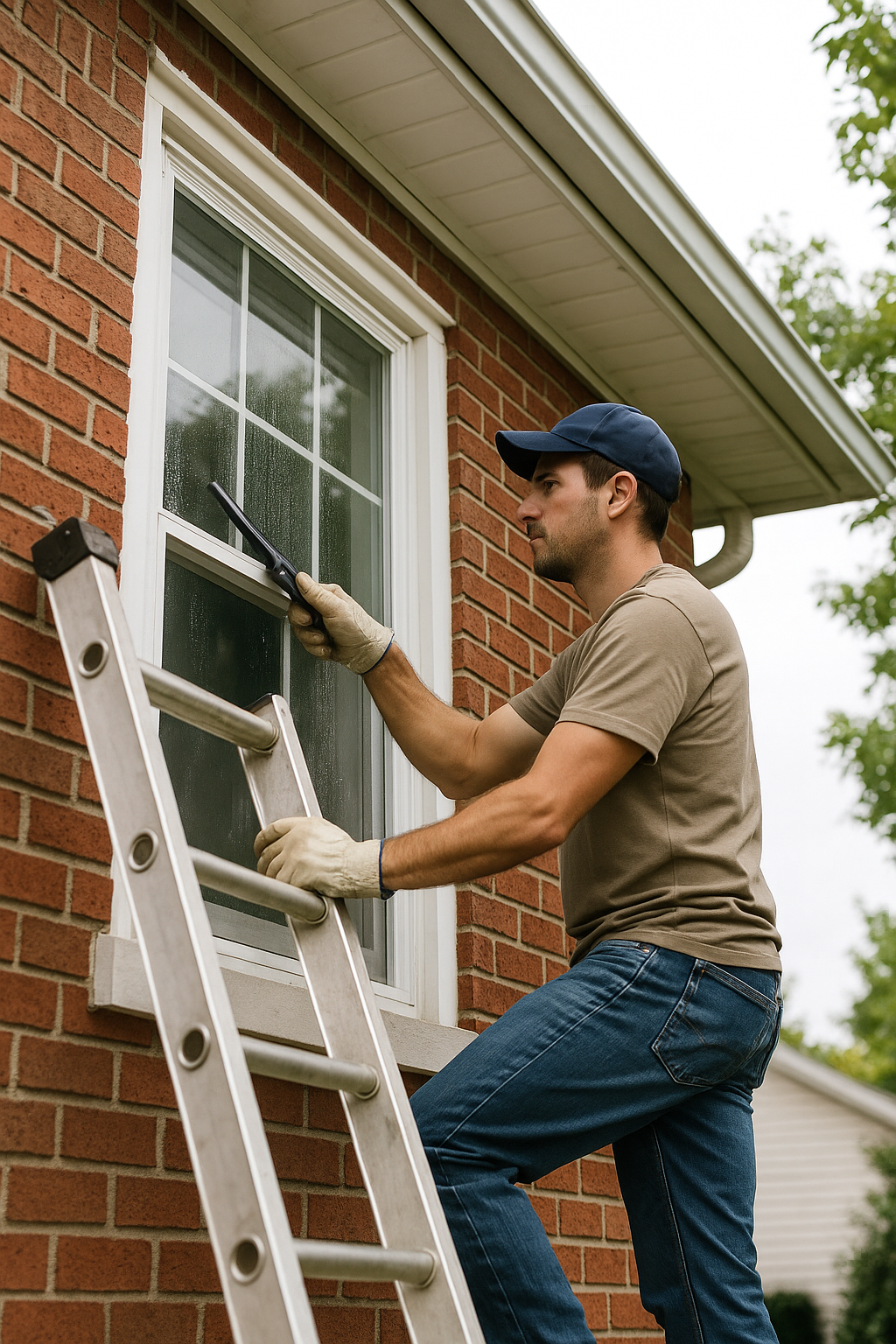 Property preparation professional completing window work for a Lewiston, Maine home