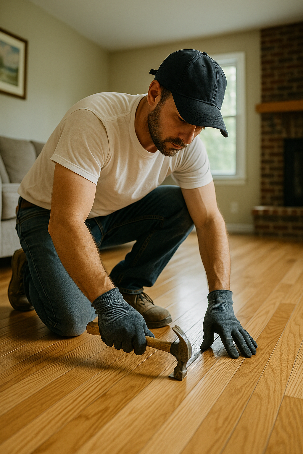 Property preparation professional completing flooring work for an Orono, Maine home